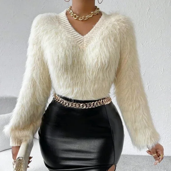 White Preppy womens Solid V Neck Fuzzy Knit Sweater - Picture 1 of 6